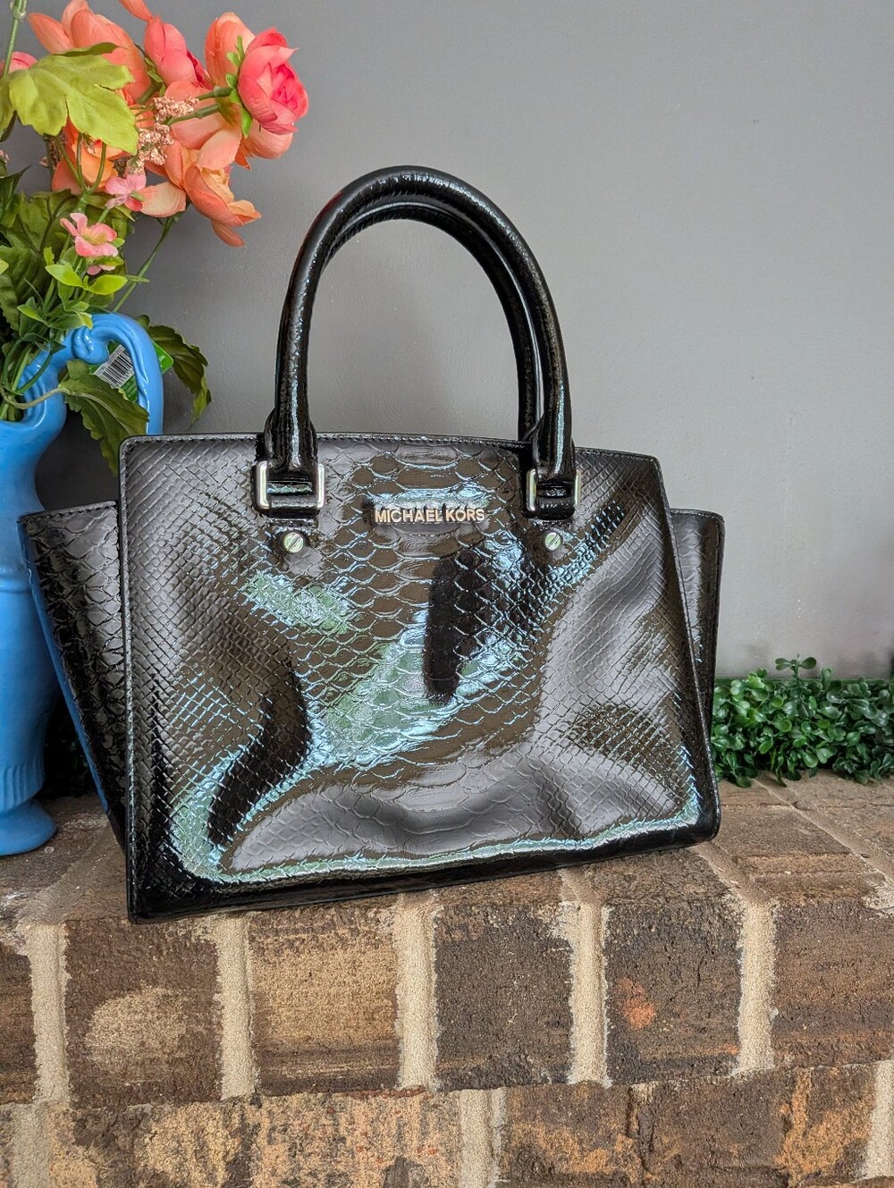 Michael Kors Black Patent Snake-Embossed Leather Tote Purse - Picture 1 of 9